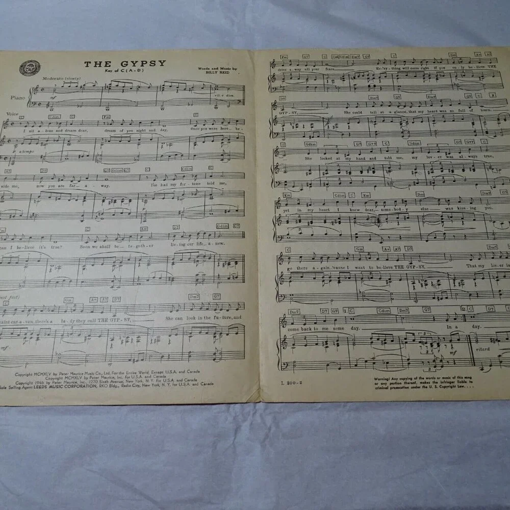 Vintage 1946 The Gypsy Billy Reid Piano Leeds Music Sheet Music Wall Art Decor - Picture 5 of 5